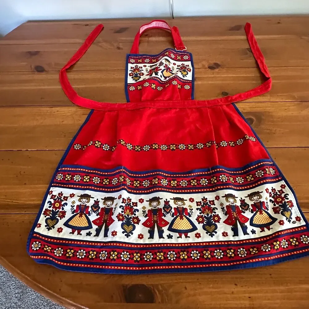 Vintage Kolf Austria Folk Art Kitchen 2 Pc Set Red Blue Bib Apron & Table Square